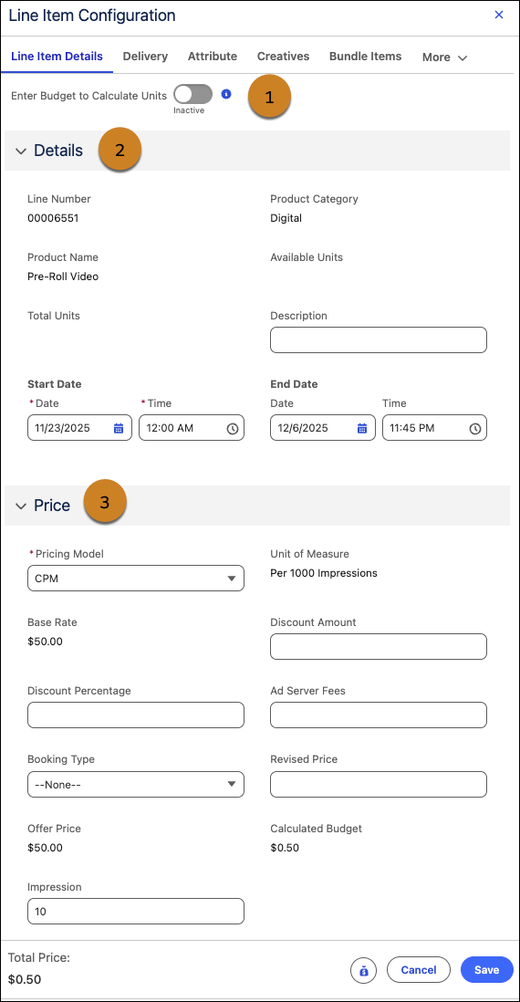 Line Item tab on the Line Item Configuration panel of media plans for ad placements.