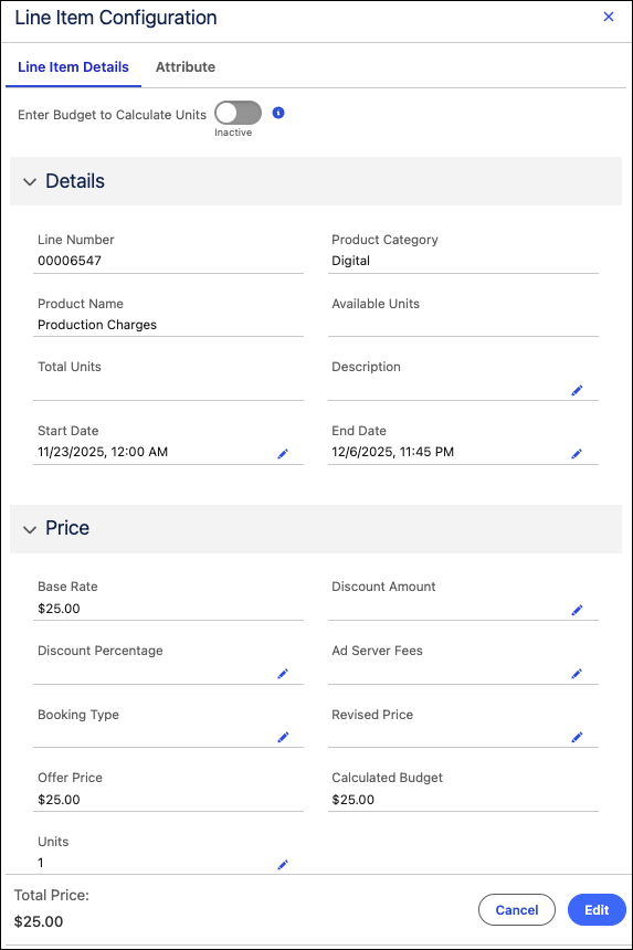 Line Item tab on the Line Item Configuration panel of media plans for services.