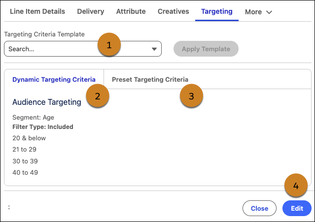 Targeting tab of the Line Item Configuration panel in a media plan.