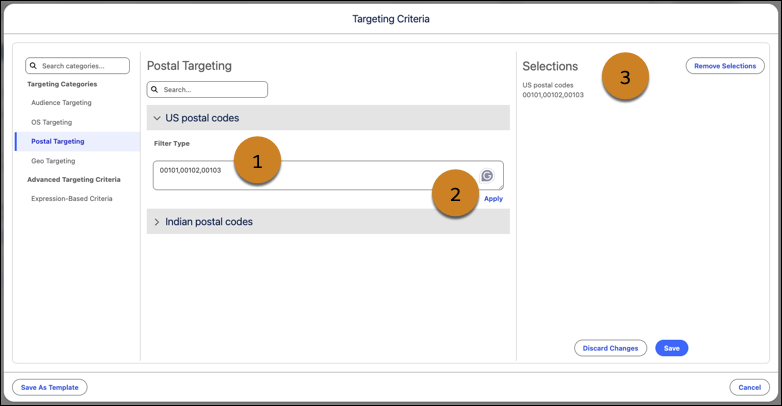 Postal code targeting value configuration in the Targeting Criteria model on a media plan.