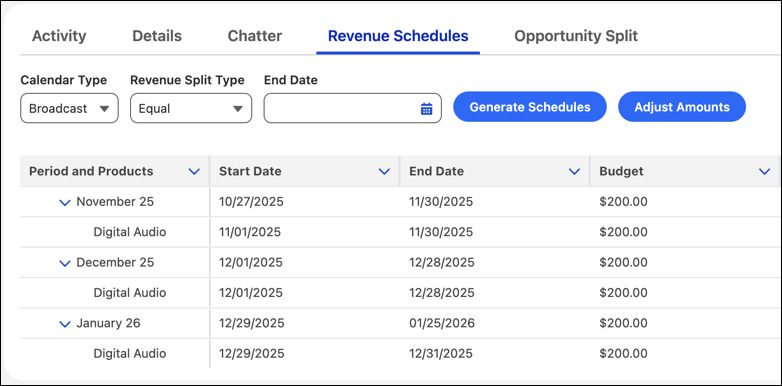 Revenue schedules for broadcast calendar with equal split logic.