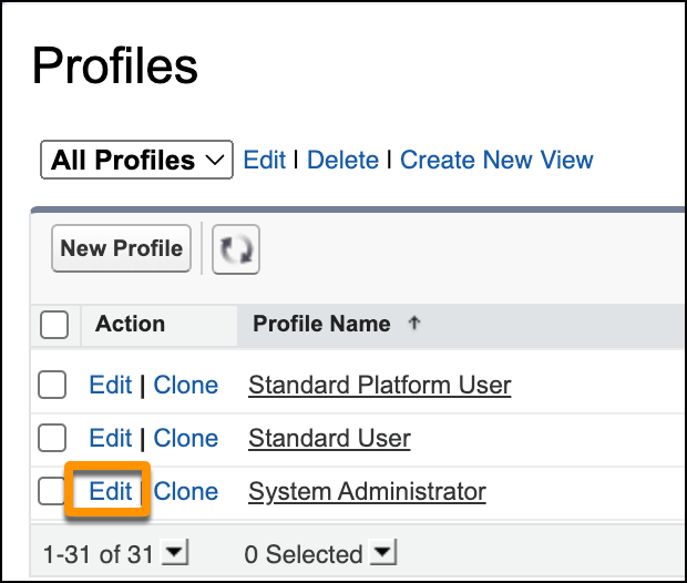Next to the System Administrator user profile, the Edit button is highlighted.