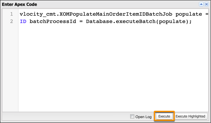 The Enter Apex Code window, with the Execute button highlighted.