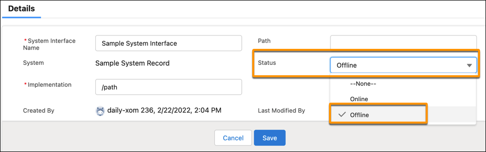 Image of the Details section of a System Interface record, with the Status field and the Offline item highlighted.