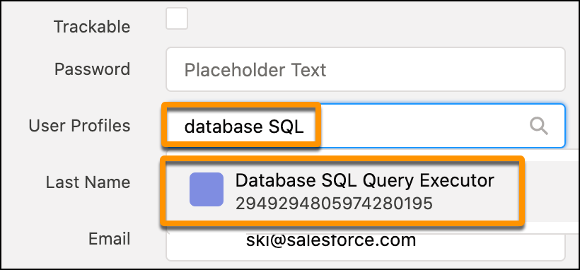 The User Profiles field shows the profile "Database SQL". The Last Name field shows the option "Database SQL Query Executor" with a box around it.