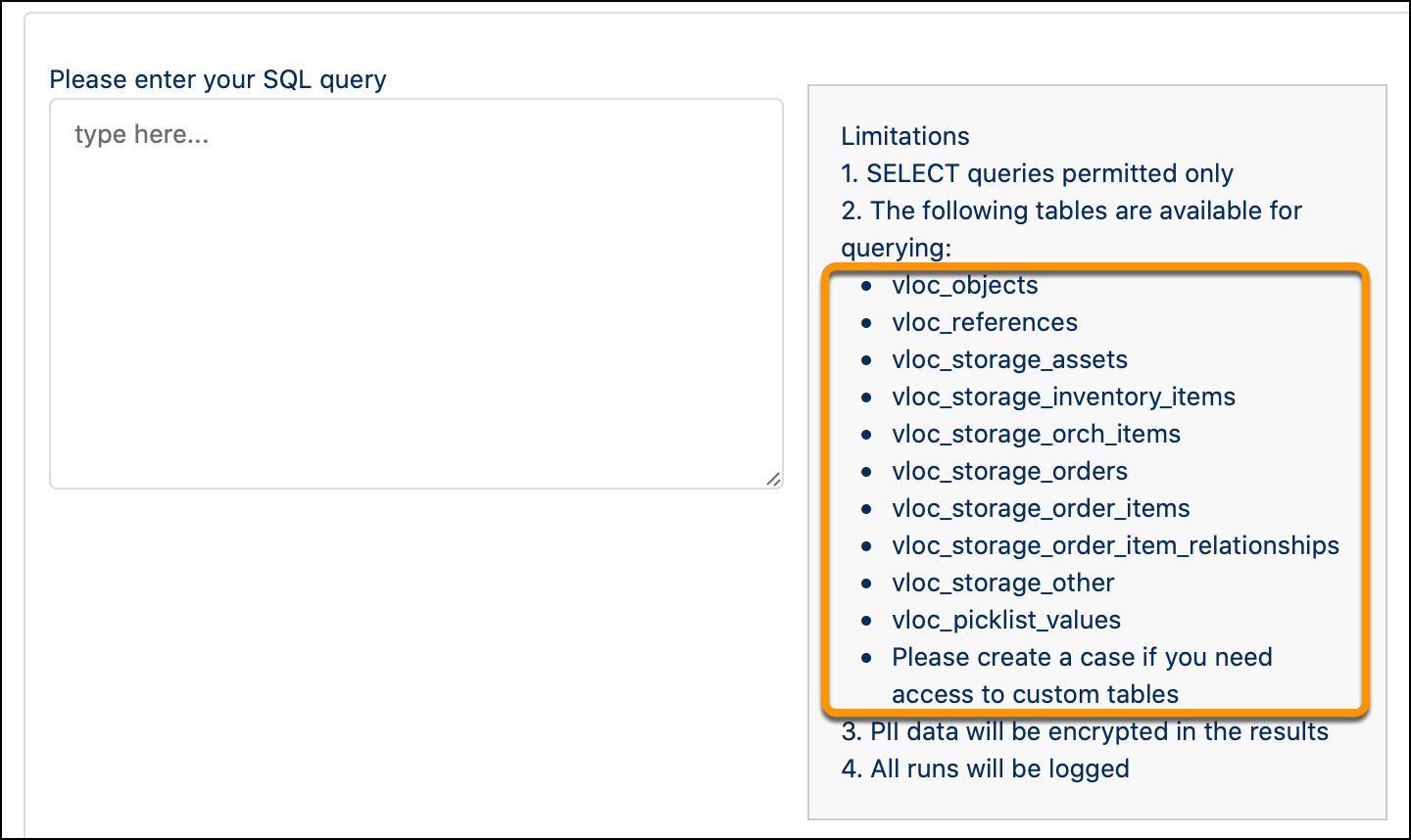 The Limitations section with a highlight around the list of tables available for querying.