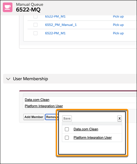 The User Membership section of Manual Queues, with the Remove Member list showing and highlighted.