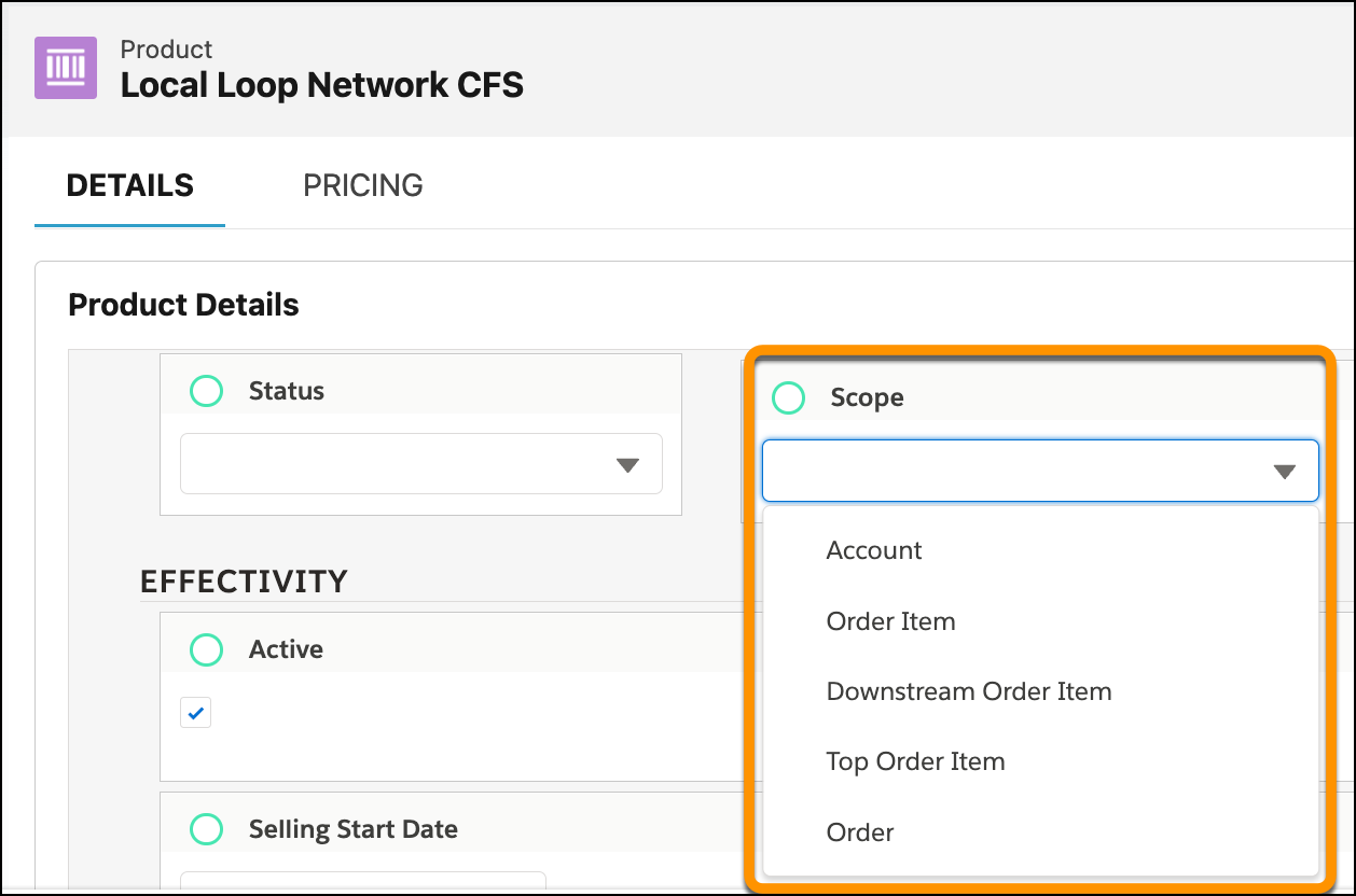 The Scope drop-down menu showing the following values: Account, Order Item, Downstream Order Item, Top Order Item, Order and Relies On.