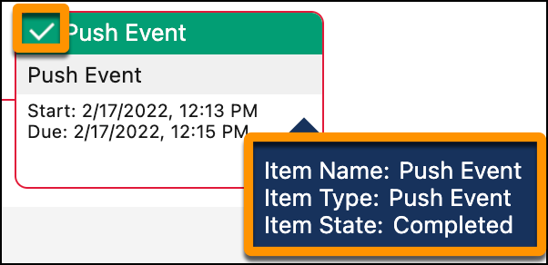 A pop-up showing the state, as well as the name and type of the orchestration item.