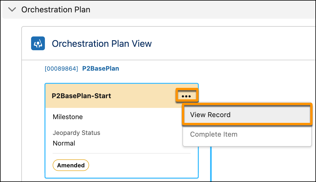 On the Orchestration Item, the three dot button is highlighted, and the View Record option is selected in the menu.