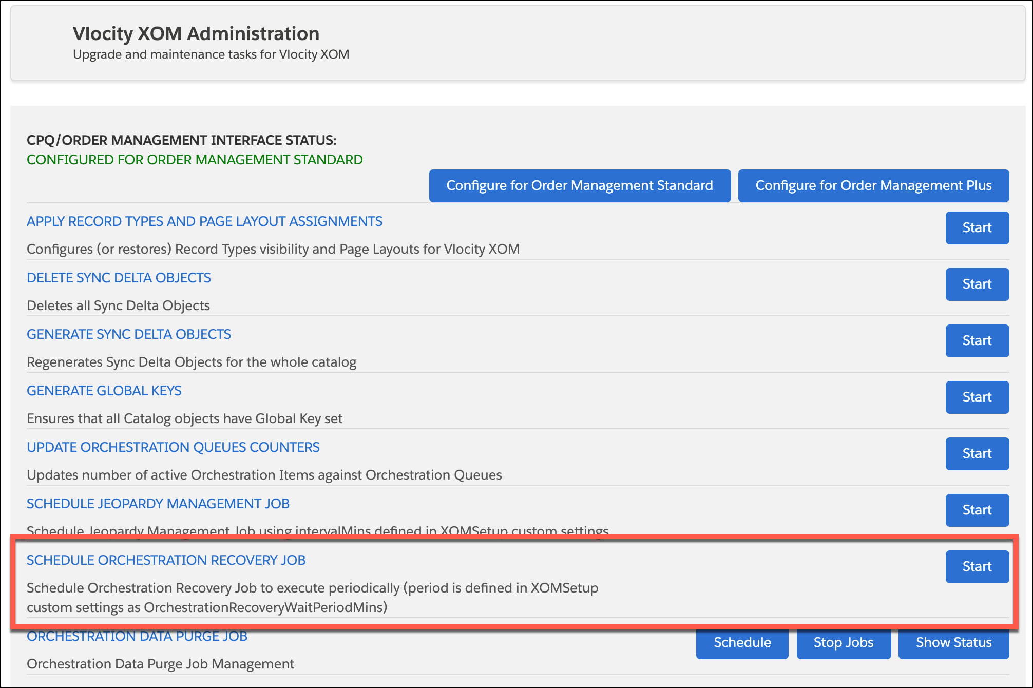 The Vlocity XOM Administration panel. Note that the options in this image might look different from those in your org.