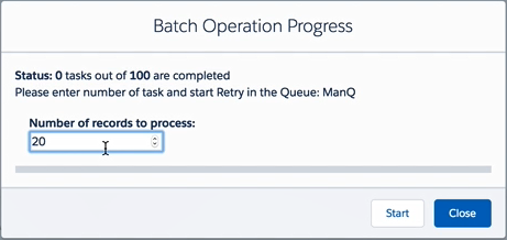 Batch Operation Progress example with Number of Records to Process set to 20.