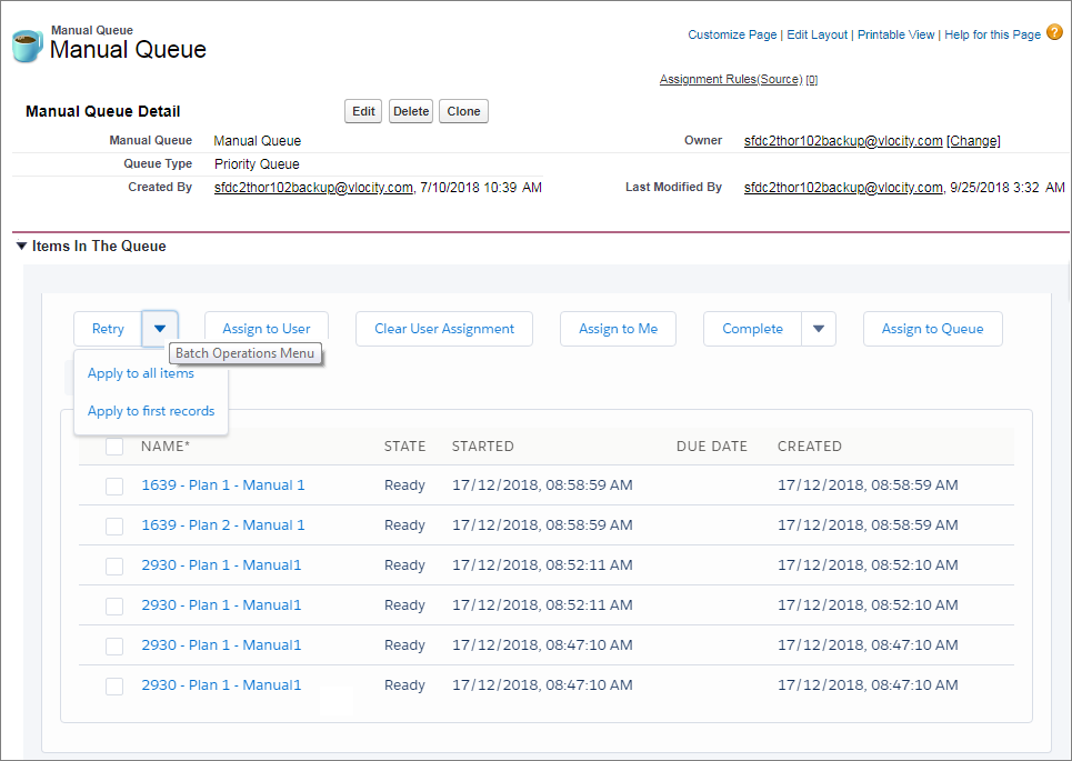 Manual Queue Detail - Batch Operation Menu