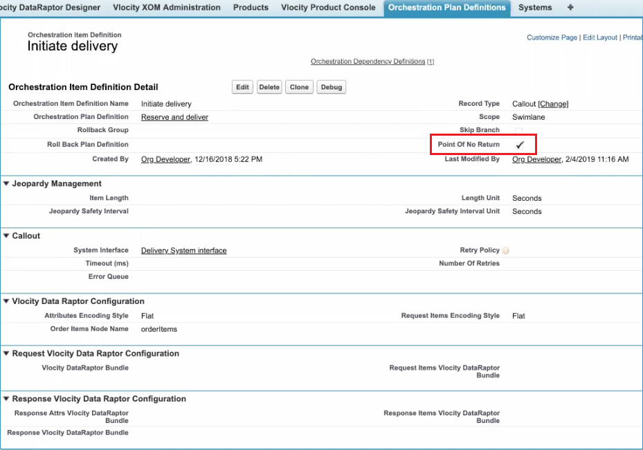 The Orchestration Item Definition window with the Point Of No Return option highlighted.