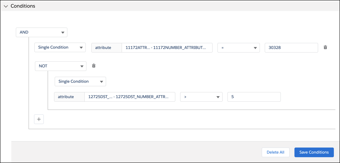 A sample setup of conditions with AND and NOT operations.