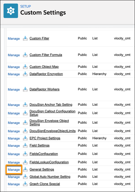 The Custom Settings screen, with Manage highlighted next to General Settings.