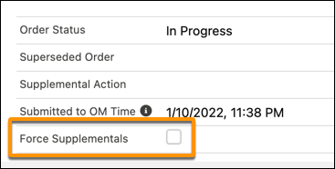Part of the Order screen, with the Force Supplementals check box highlighted.