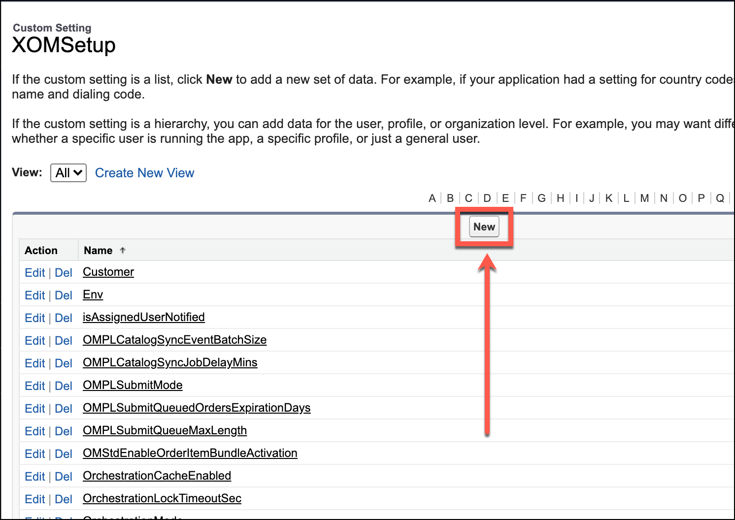 The XOMSetup page, with the New button highlighted.