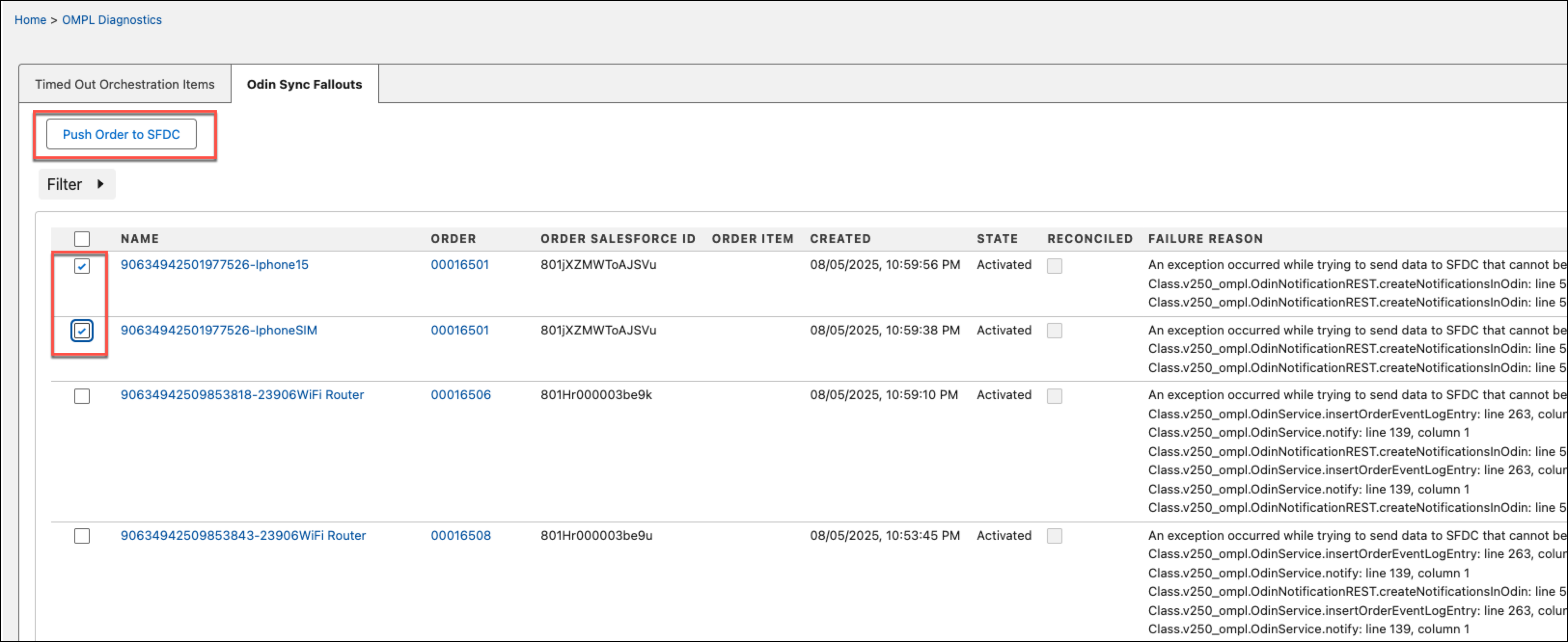 ODIN Sync Fallouts page