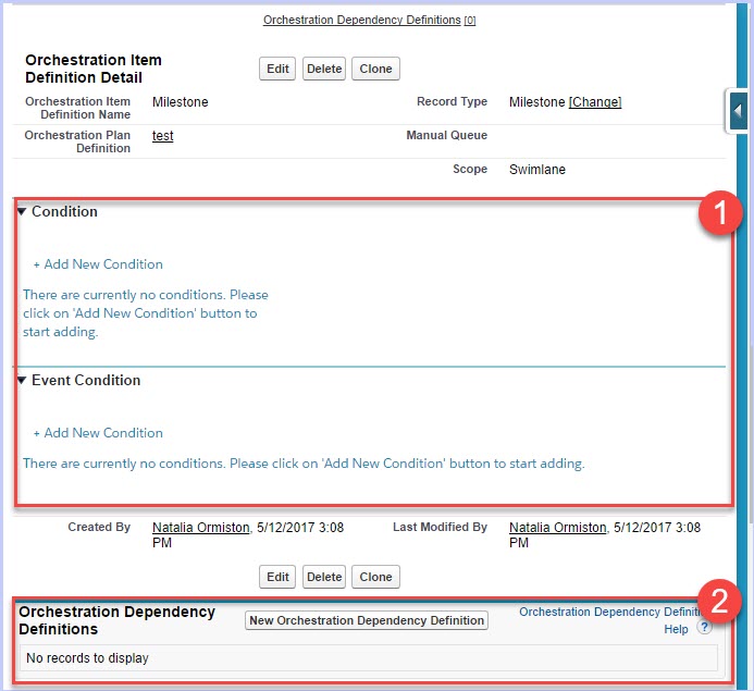 An Orchestration Item with Dependencies and Conditions selected