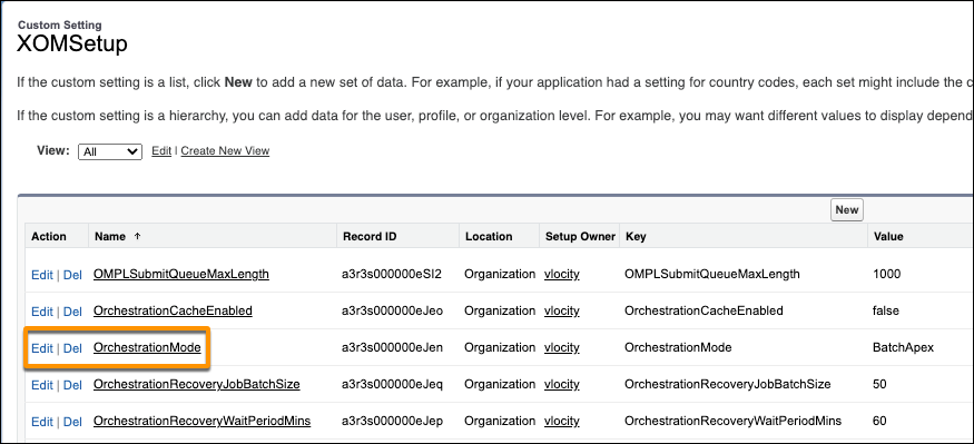The Custom Settings page, highlighting OrchestrationMode.