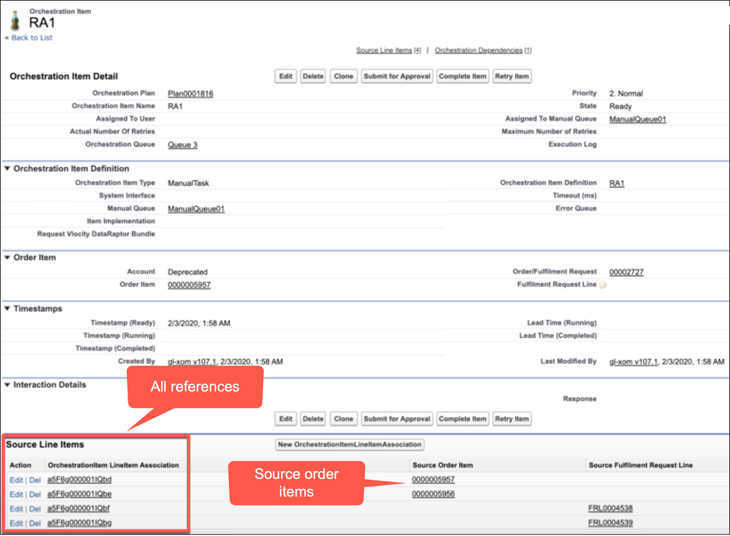 The Orchestration Item page, showing the references