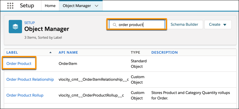 The Object Manager, with order product in the search field and Order Product highlighted in the search results.