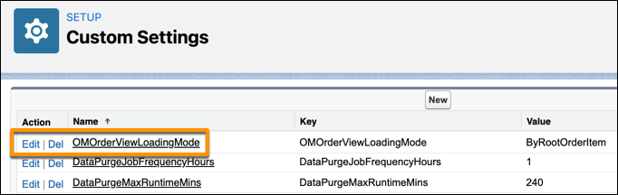 The Custom Setting window, with OMOrderViewLoadingMode highlighted.