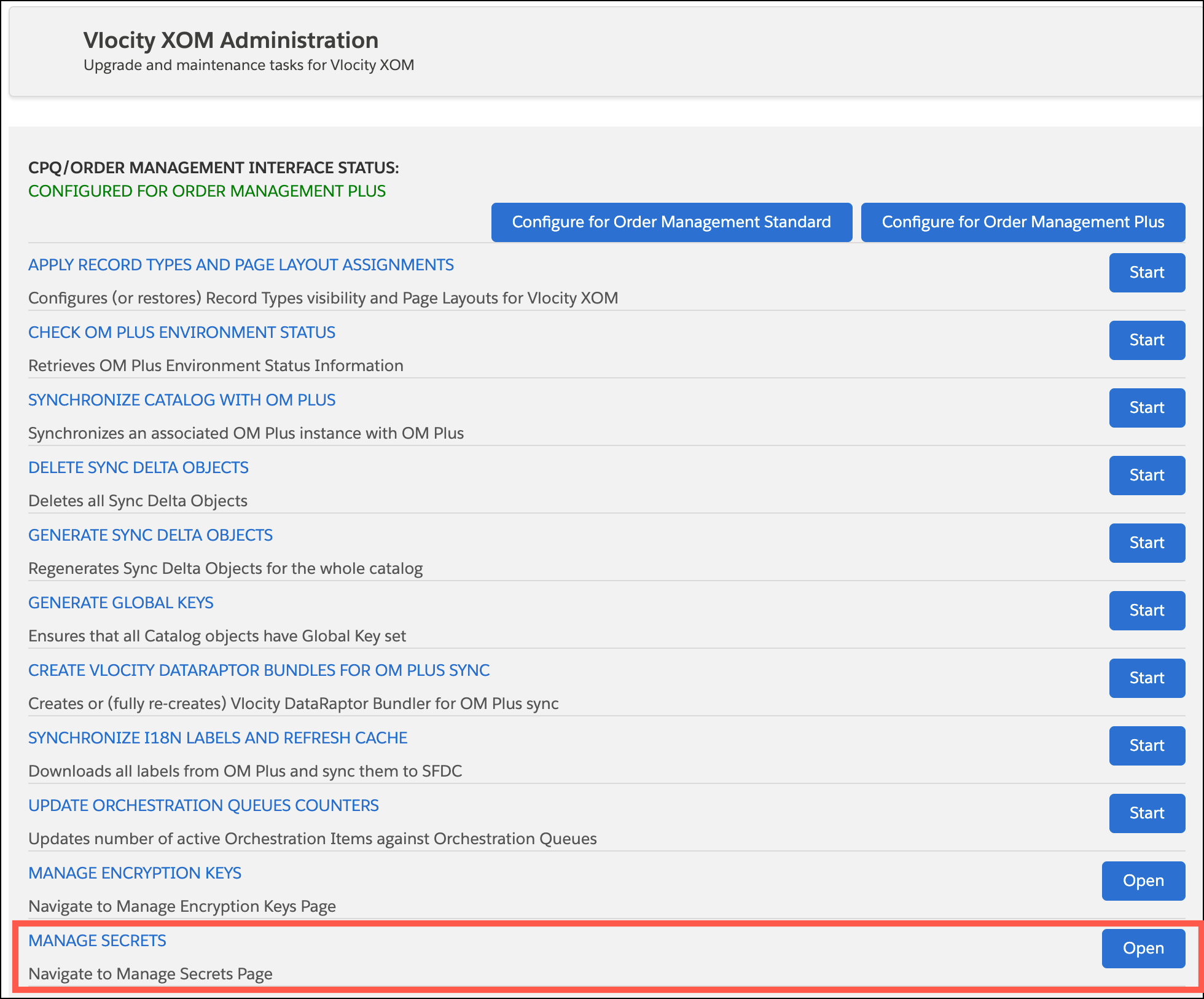 The XOM Administration Panel, with the Manage Secrets option highlighted.
