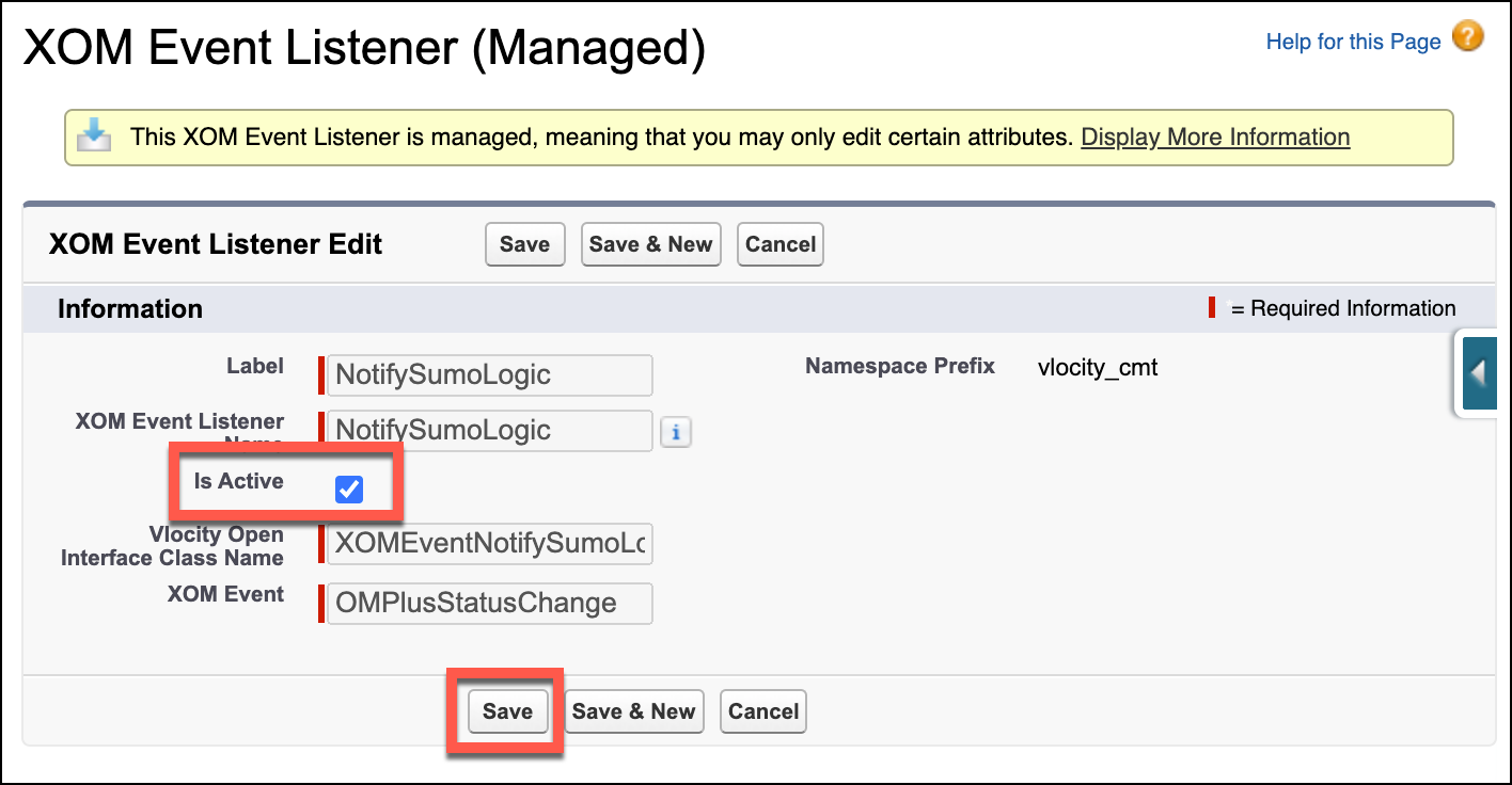 An image highlighting the Is Active option and the Save button for the NotifySumoLogic event listener.