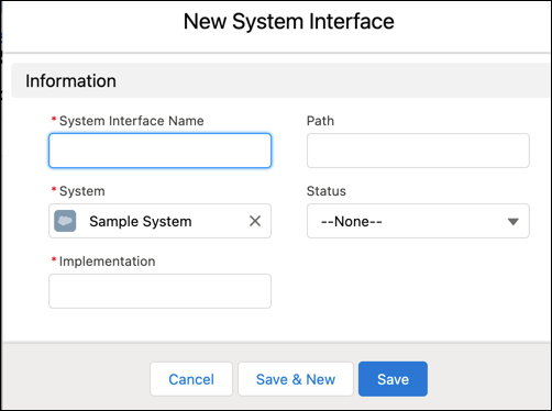 The New System Interface window.