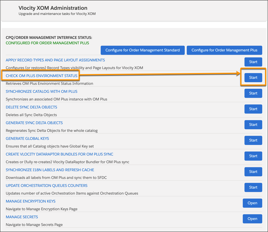 The Vlocity XOM Administration panel, with Check OM Plus Environment Status highlighted.