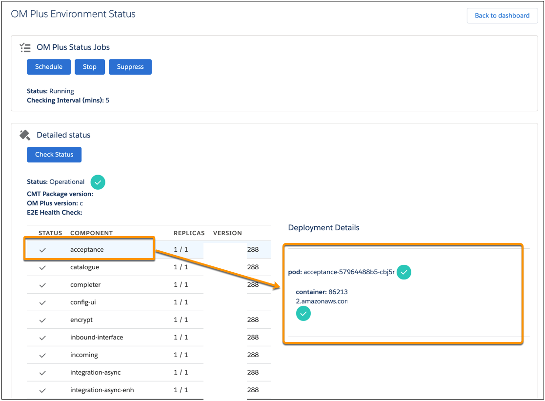 The OM Plus Status page, showing results of the job. A component is highlighted, showing the deployment details for that component.