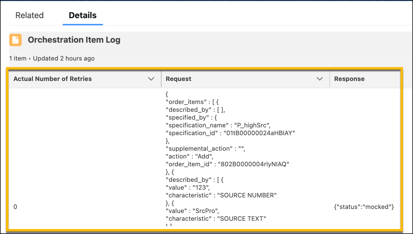 The Orchestration Item Log section, with the Request and Response fields highlighted.