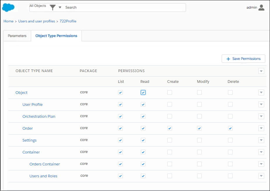 Object Type Permissions edit page.