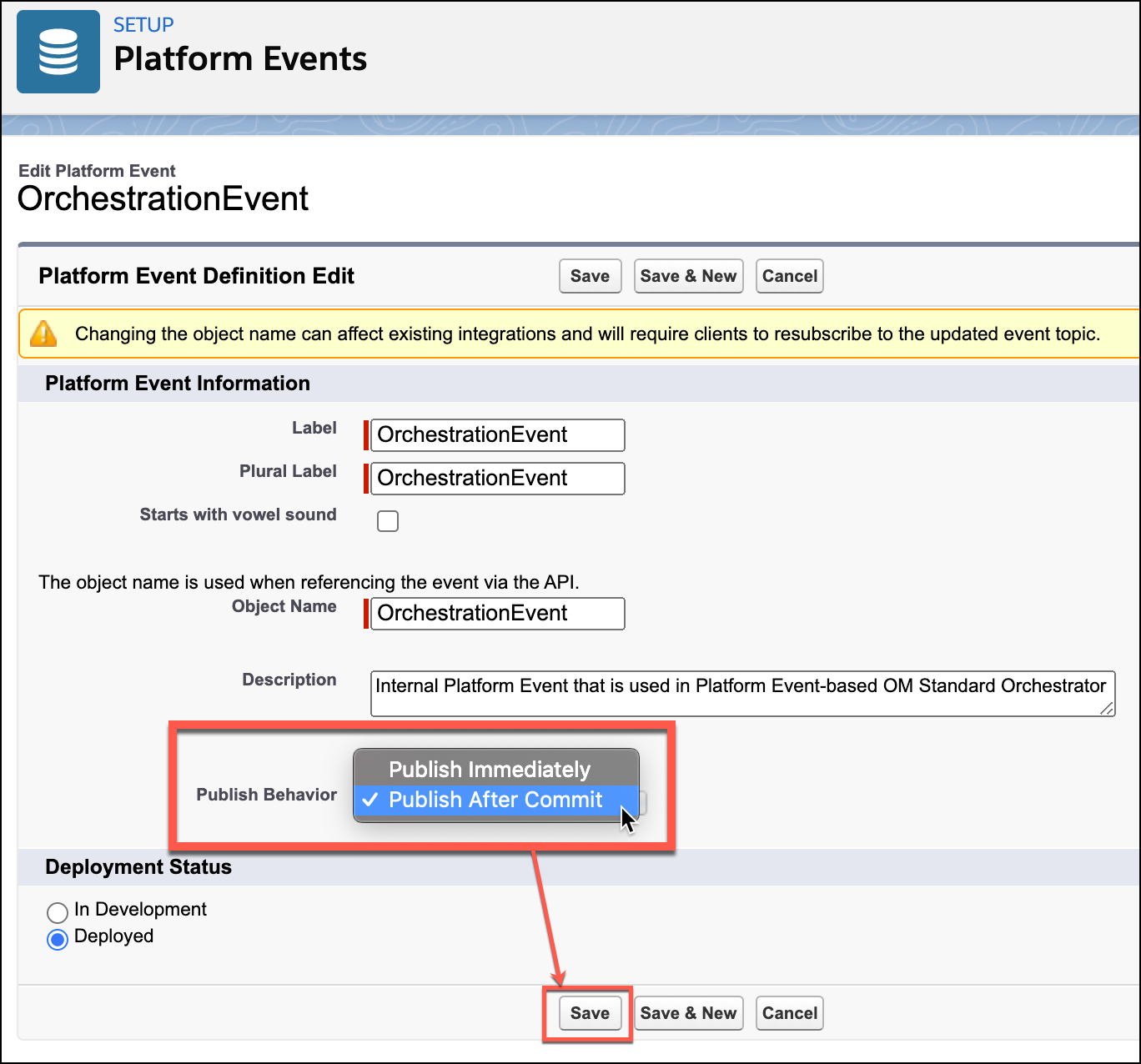 The OrchestrationEvent platform event with Publish After Commit selected.