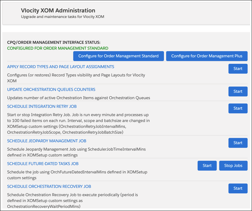 The Vlocity XOM Administration panel