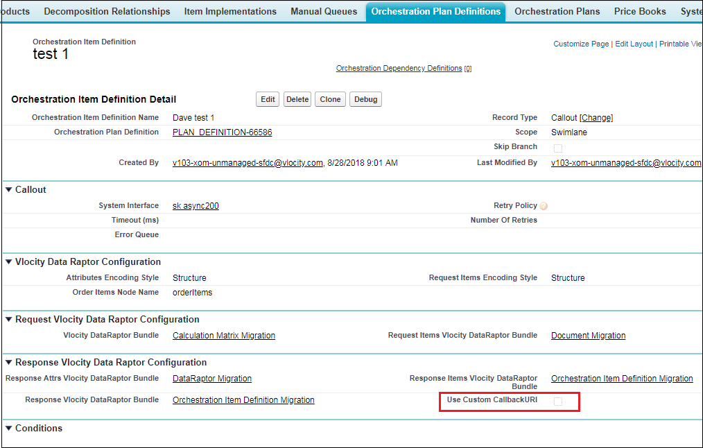 The Orchestration Item Definition window with the Use Custom Callback URI option highlighted.