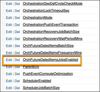 The Custom Settings list, with OrchFutureDateItemsJobsEnabled highlighted.