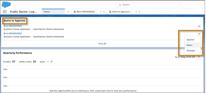 The Items to Approve component with the Approve, Reject, and Reassign quick action buttons showing