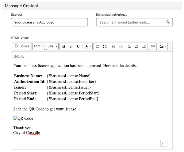 The Message Content section of the email template that shows sample HTML body text
