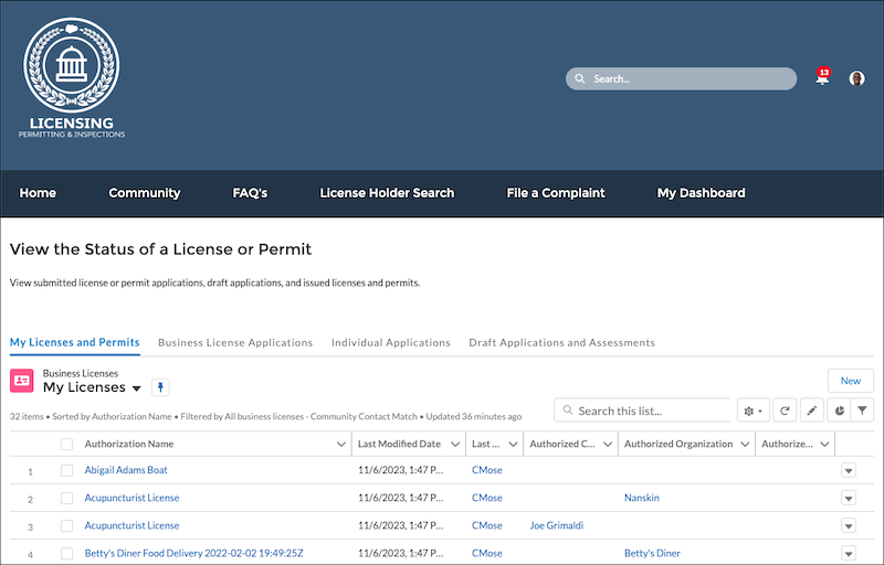 The View the Status of a License or Permit page with the My Licenses and Permits tab selected