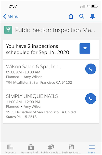 Two inspections listed in the Public Sector: Inspection Management mobile app