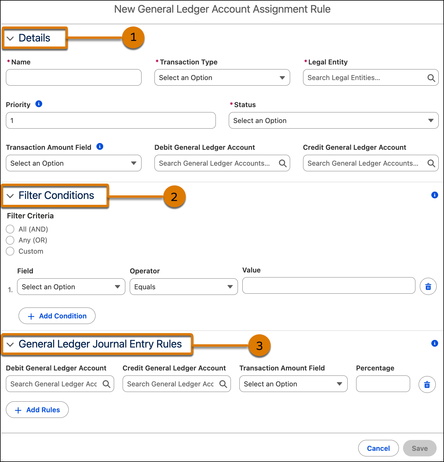 The general ledger account assignment rules user interface