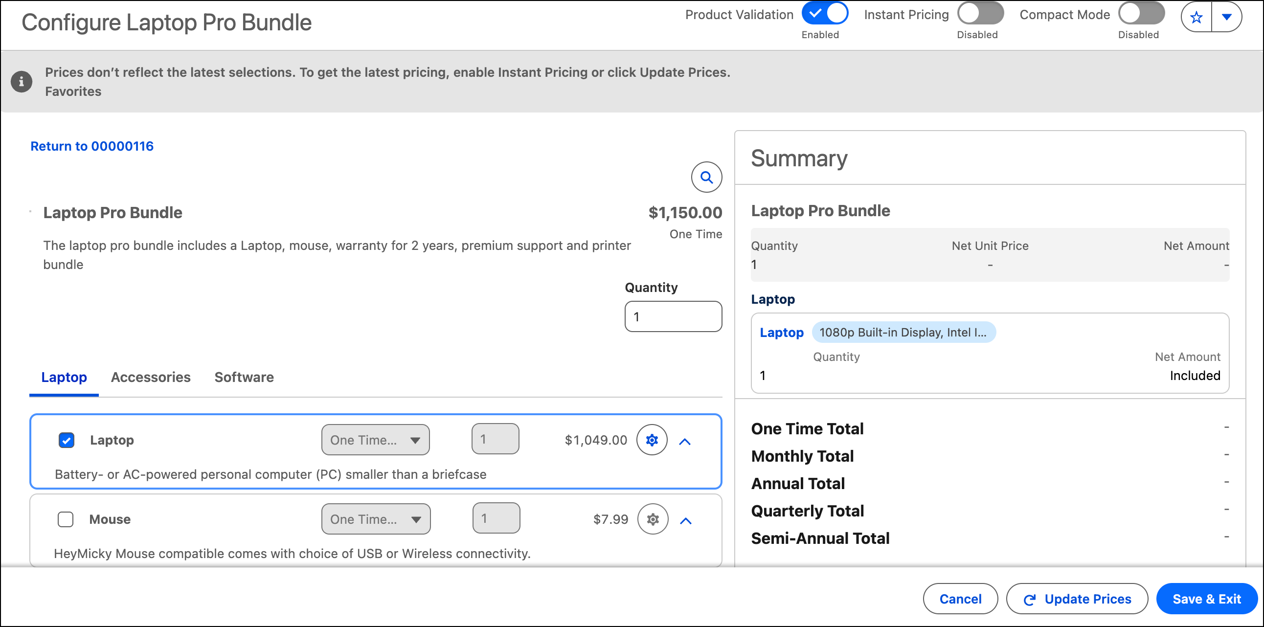 The Product Configurator page, showing a bundled product