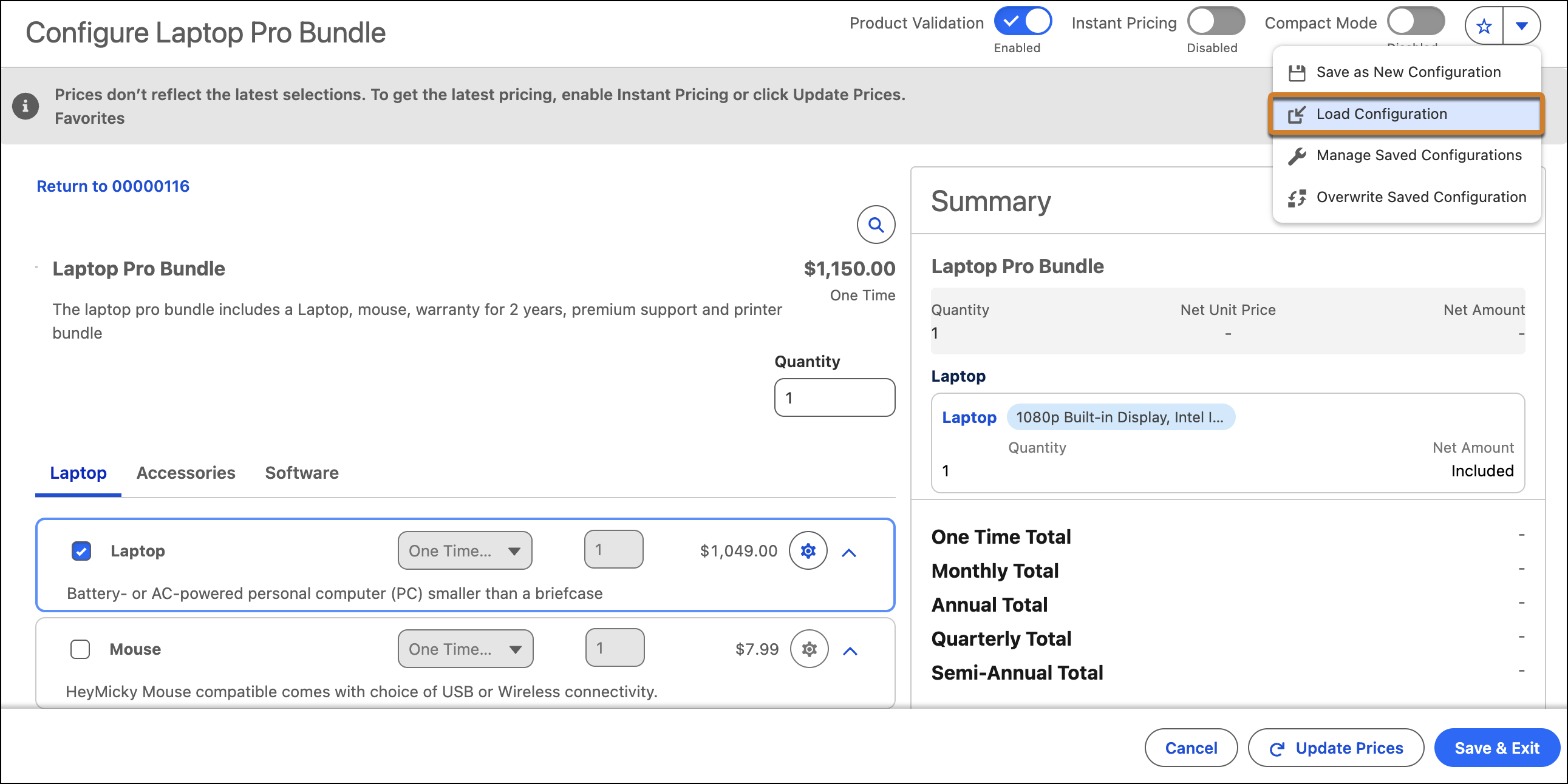 Load a saved configuration