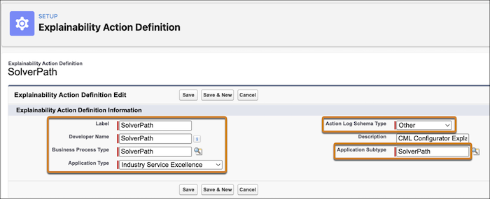 Explainability Action Definition tab