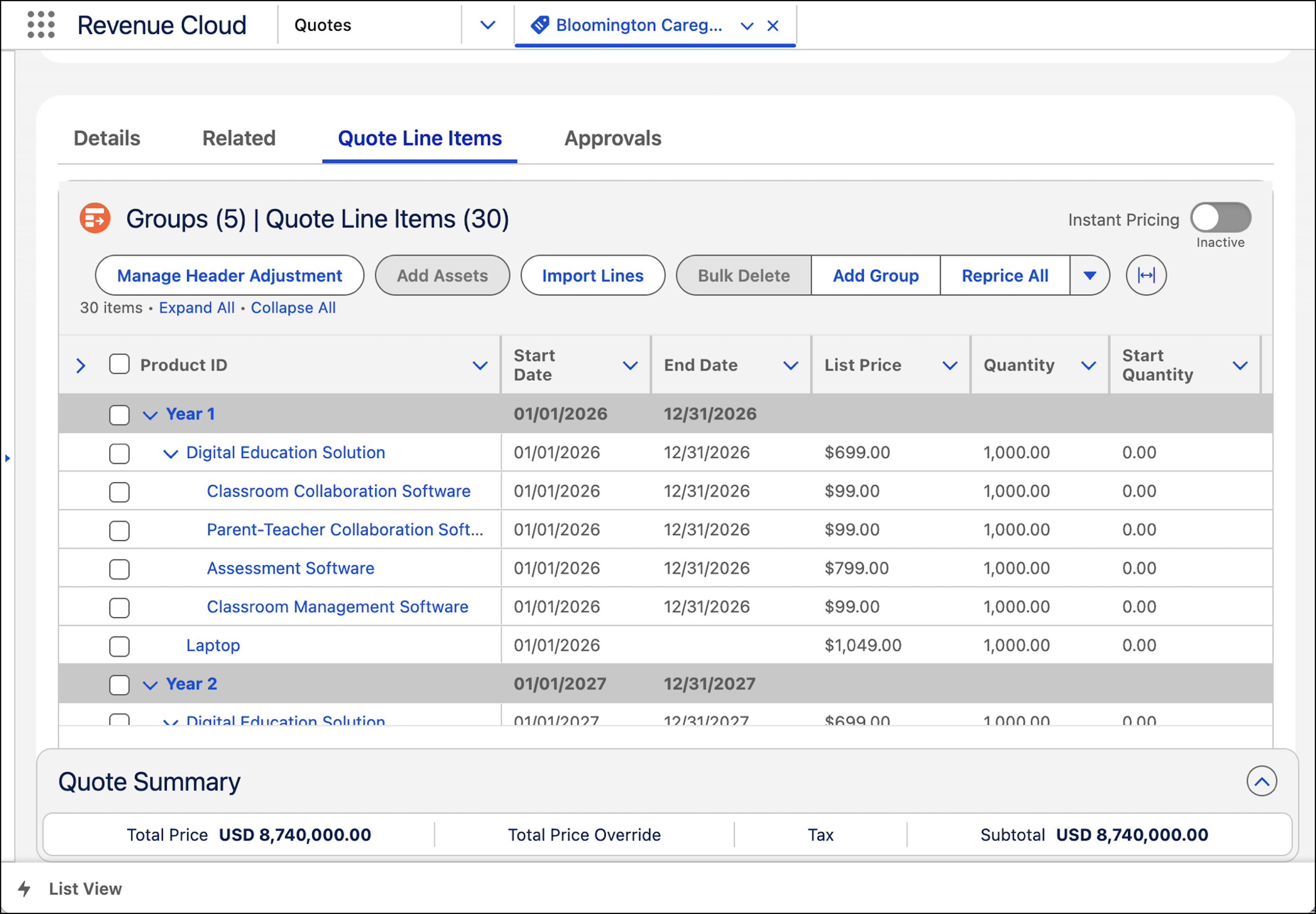 The Quote page, showing products in the Year 1 segment