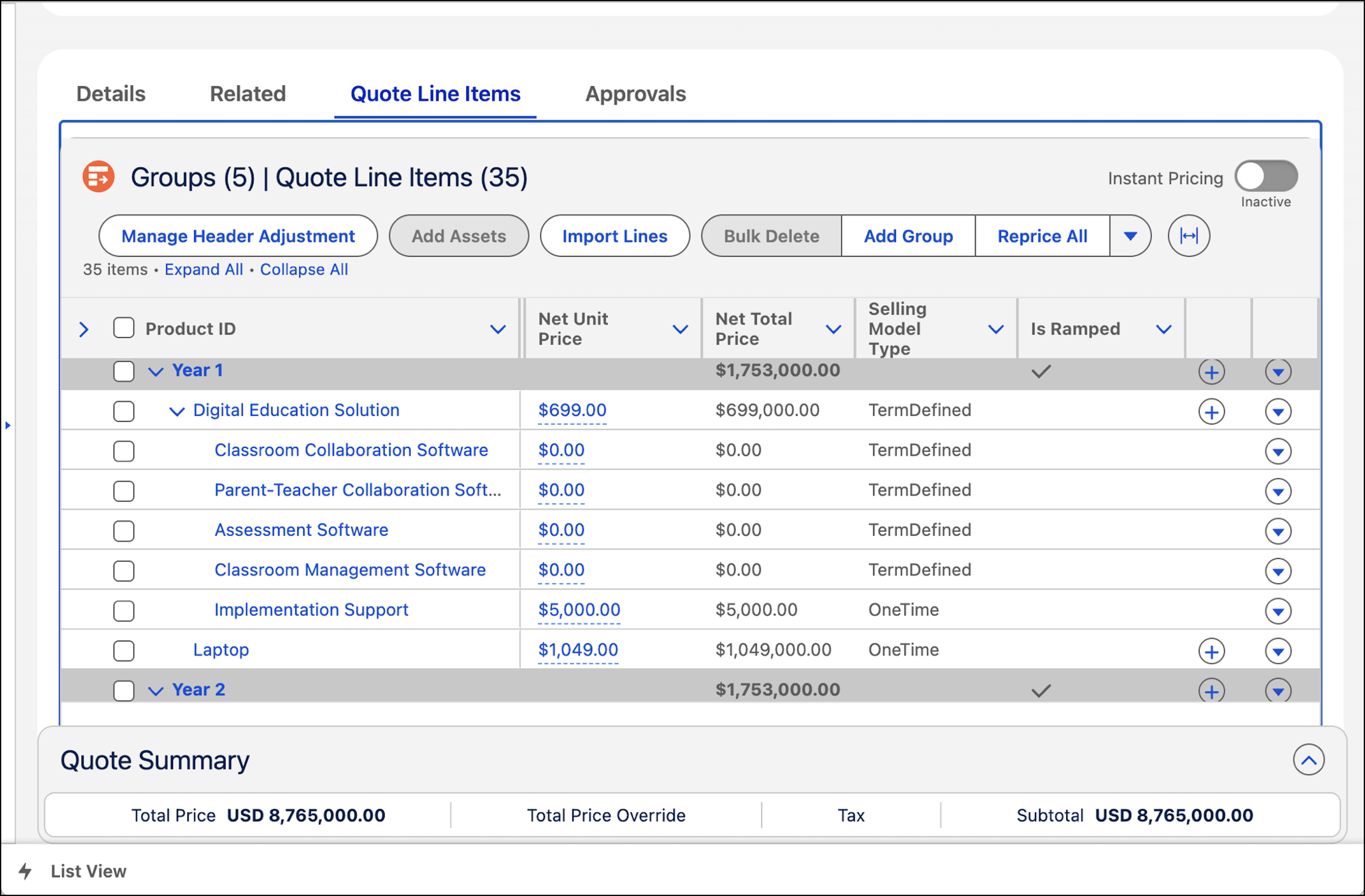 The Quote page, showing the updated list of products in the Year 1 segment