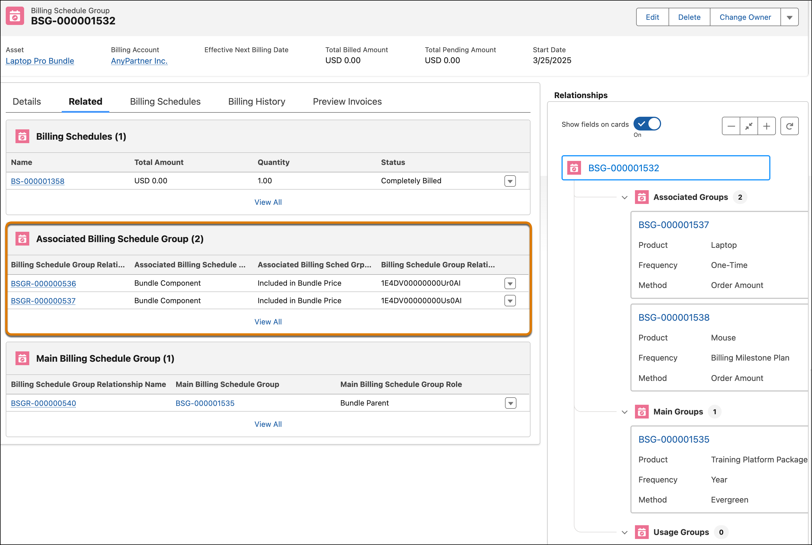 Associated Billing Schedule Group related list on the Billing Schedule Group record page